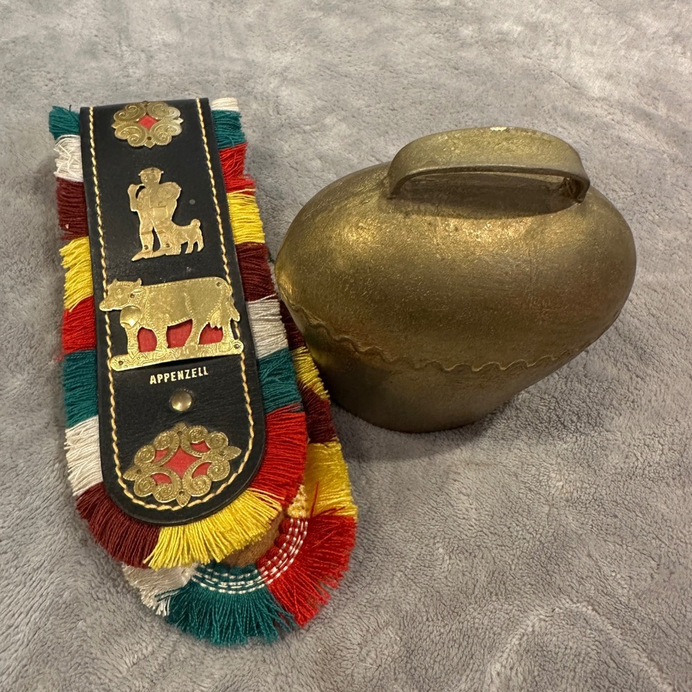 VTG Swiss Appenzell Brass Cow Bell Leather Strap Folk Art Decorative Collectible